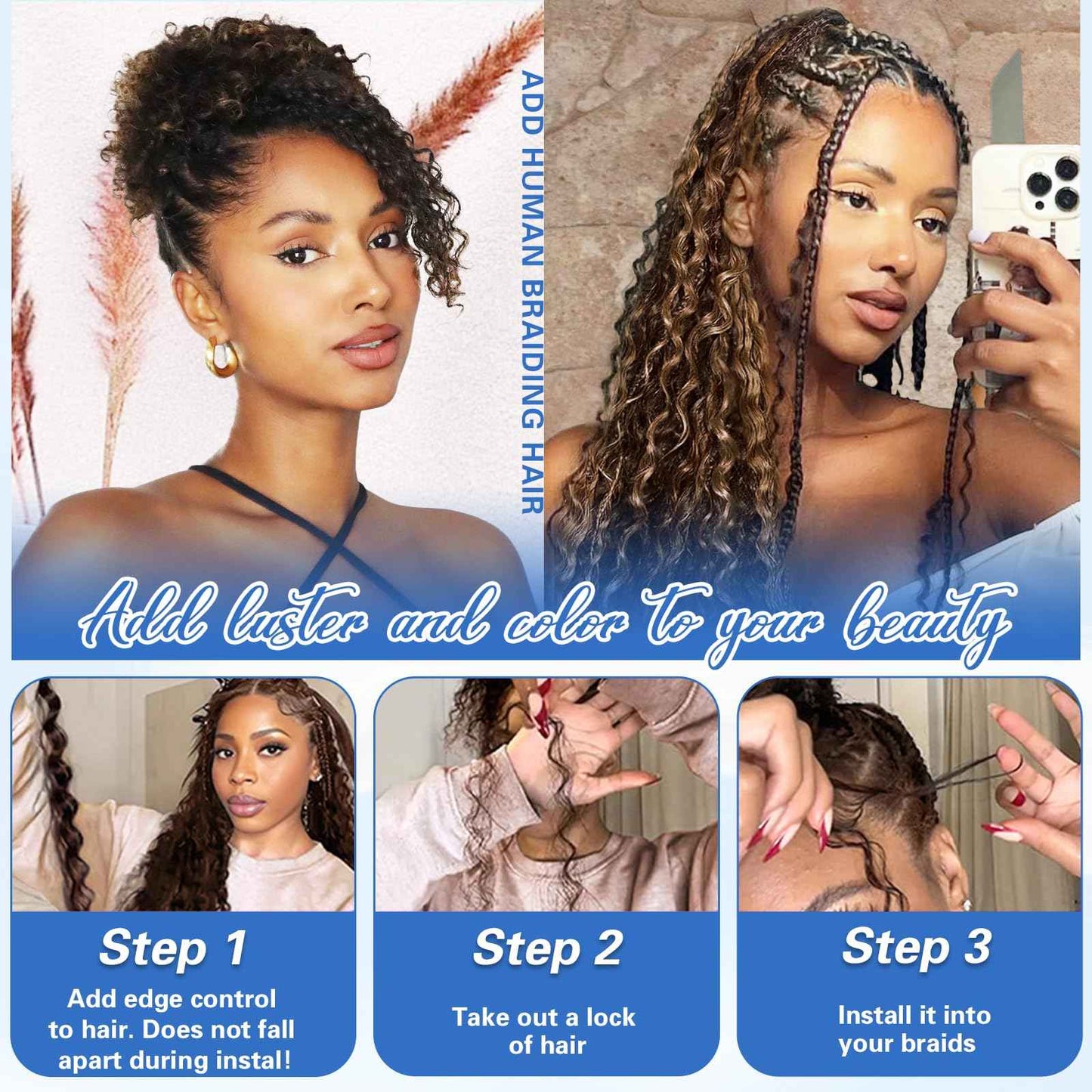 Human Braiding Hair for Boho Braids Human Hair 120g 16Inch Curly Boho Hair for Braiding Knotless 12A Deep Water Wave Bulk Hair Bohemian Braids No Weft 3 Bundles/Pack Chocolate Brown