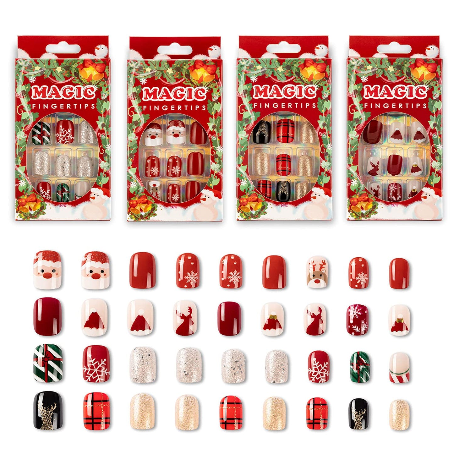 Noverlife 96PCS Christmas Short Squoval Press on Nails w/Nail Glue Tabs, Christmas Square Oval Fake Nails Acrylic Fingernails Xmas False Nail Tips, Festive Holiday Nail Art Manicure Decor for Women