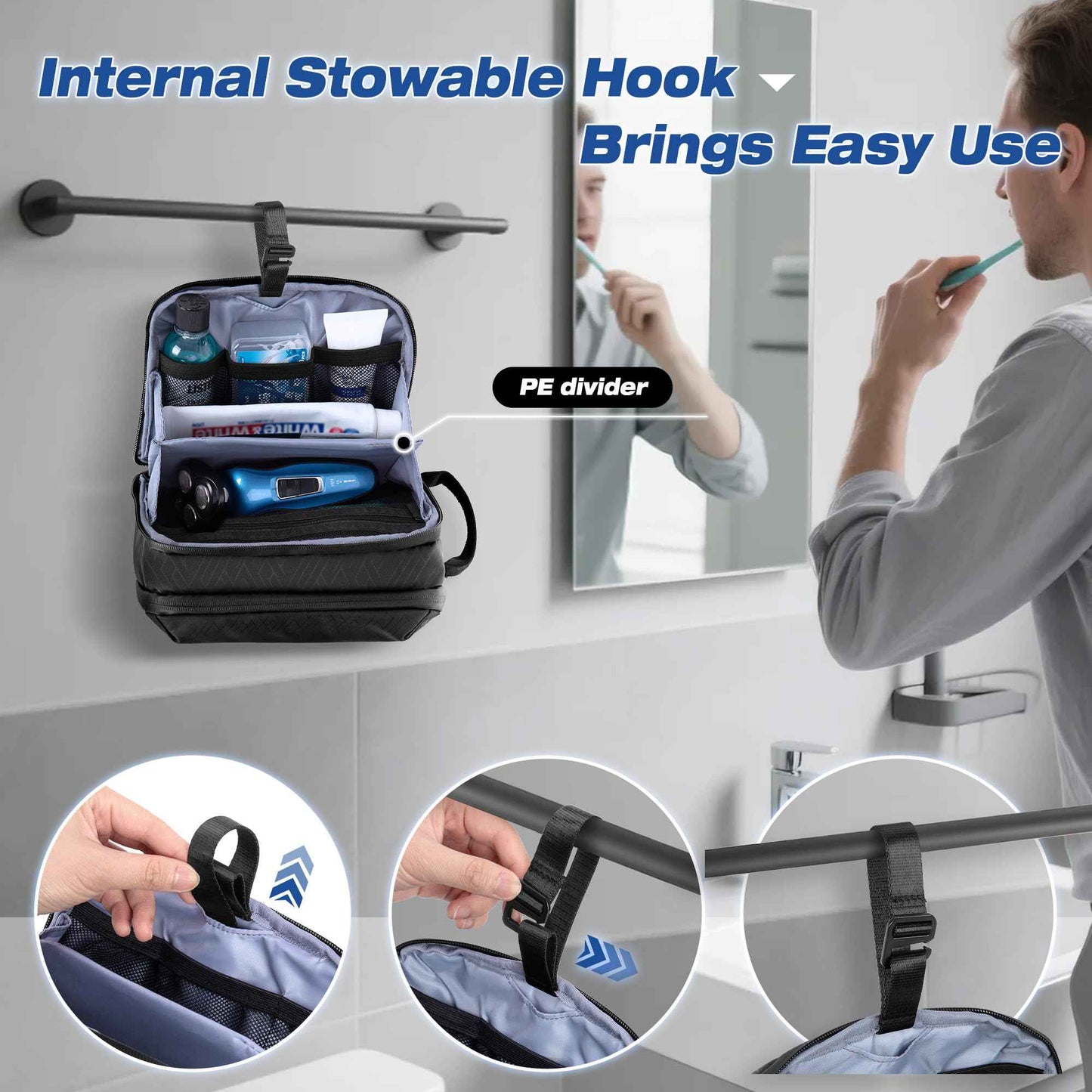 Yarwo Travel Toiletry Bag for Men, Hanging Dopp Kit Shaving Storage Case, Water-resistant Toiletry Organizer Hygiene Bag for Toiletries, Skincare, Razor, Makeup, Cosmetics, Shower Essentials