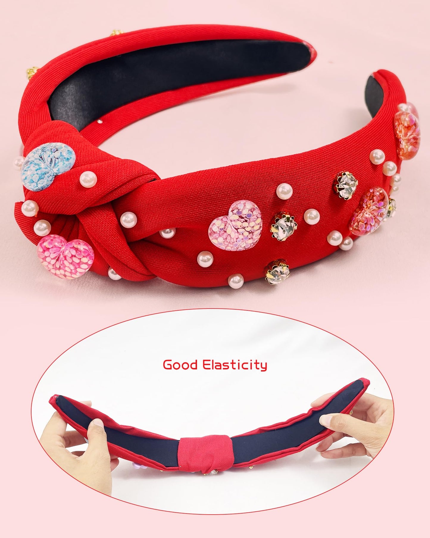 Bnikion Sweet Valentine's Day Heart Candy Embellished Red Headband Rhinestone Headband for Women Top Knot Twist Wide Hair Band Jeweled Crystal Knotted Headband Valentine's Day Gifts for Her