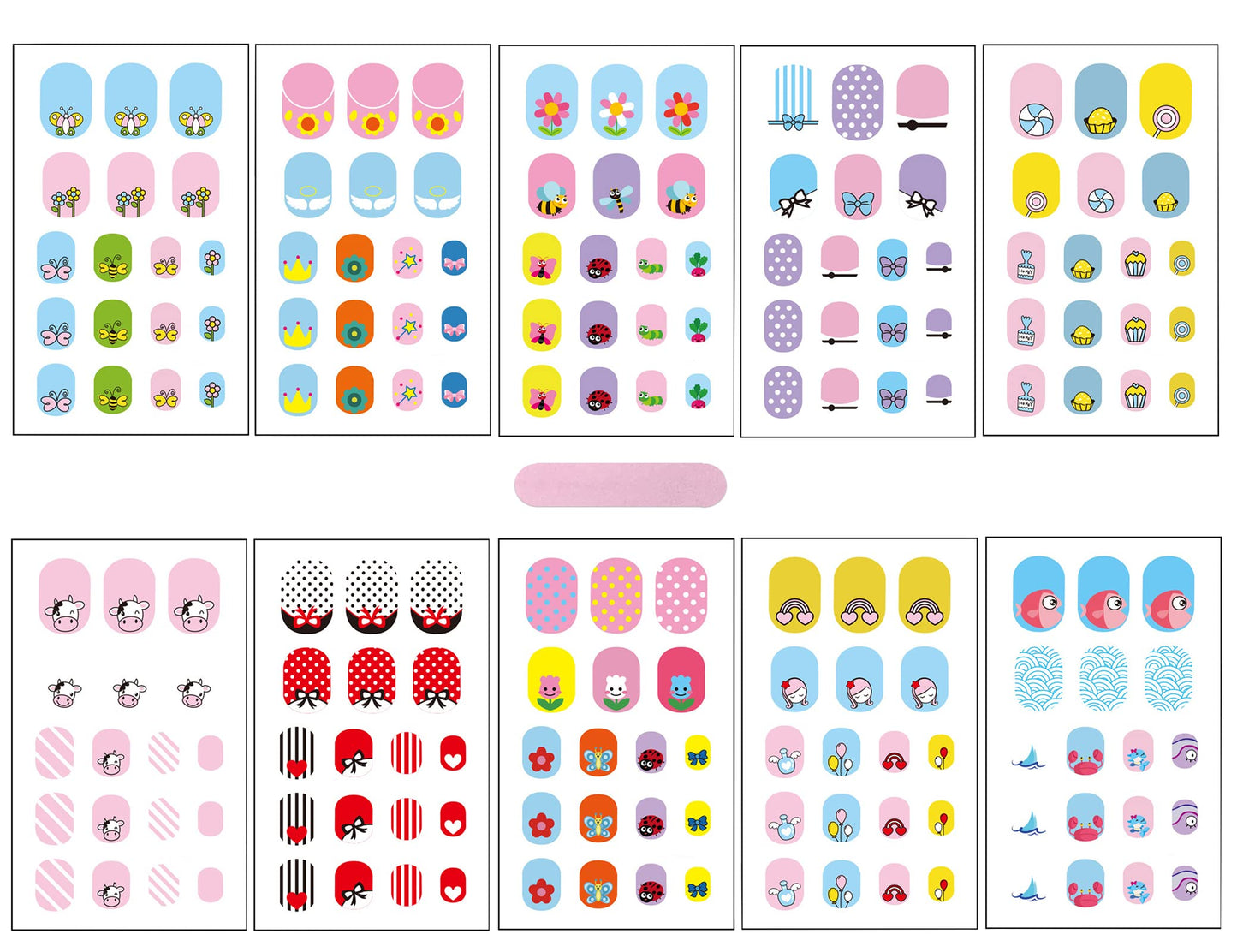 Kids Nail Stickers Full Nail Wraps Self Adhesive Nail Polish Strips for Kids Girls Nail Art Decoration Fun Including Flowers Butterflies Cows Recommend for Age 8 and Older (Pack of 10)