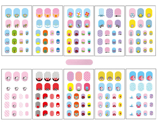 Kids Nail Stickers Full Nail Wraps Self Adhesive Nail Polish Strips for Kids Girls Nail Art Decoration Fun Including Flowers Butterflies Cows Recommend for Age 8 and Older (Pack of 10)