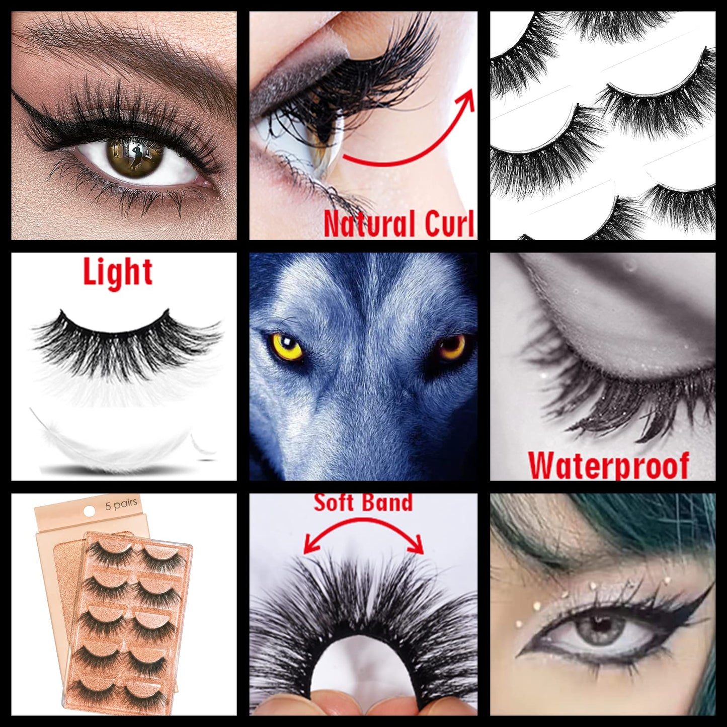 BlueSmurfs 5 Pairs Lashes 3D False Eyelashes Fluffy - Halloween Day Faux Mink Fox Eye Lashes Volume Lashes - Thick Fake Lashes Wolf Eyes