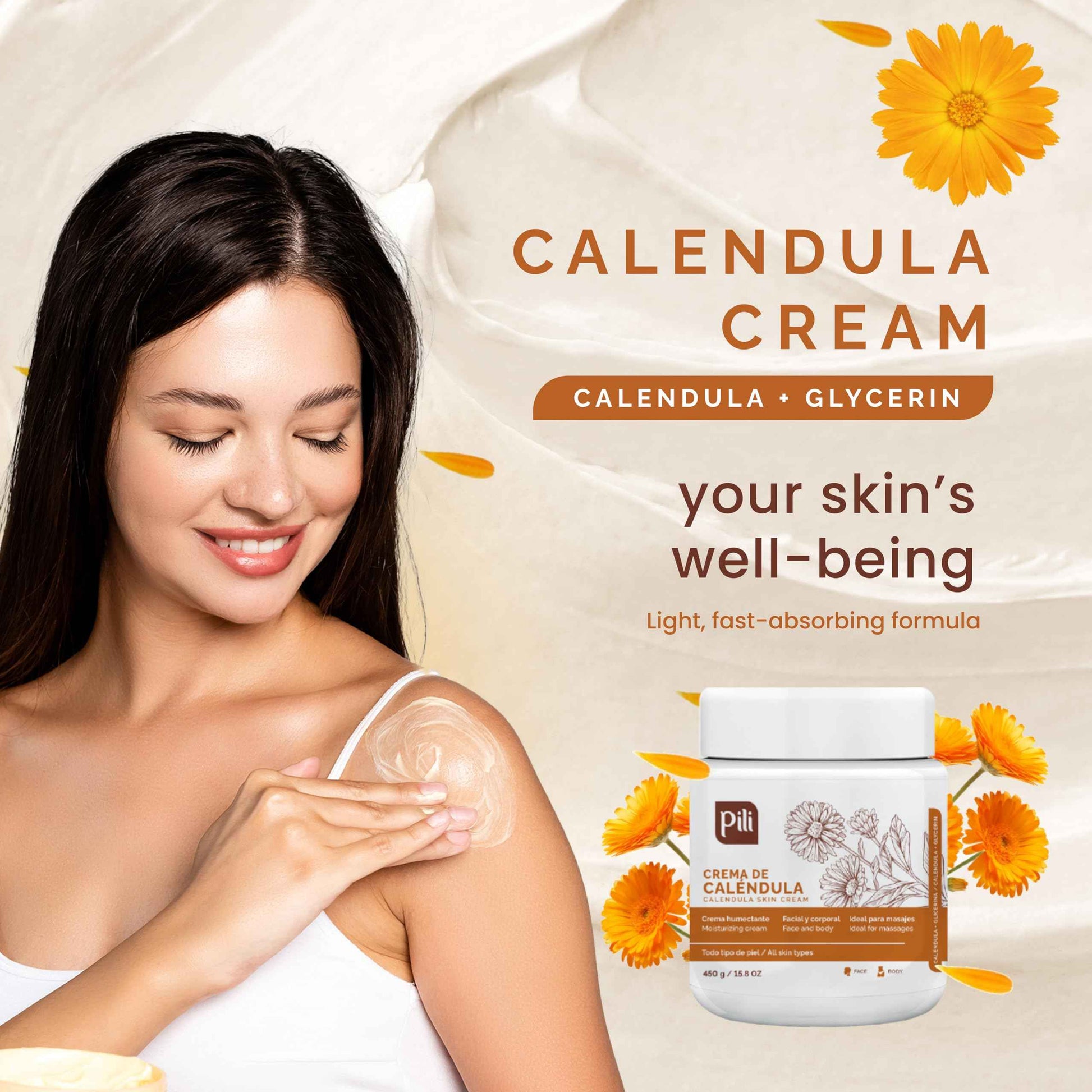 Pili Natural Calendula Cream - Moisturizing Cream for Rough, Dry, or Chapped Skin (15 oz)