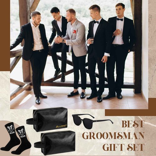 Chicingyou 18 Pcs Groomsmen Gifts Set of 6, Groomsman Proposal Gift Includes 6 Leather Toiletry Bags 6 Sunglasses and 6 Pairs of Socks for Wedding Man Gift Bachelor Party Favors