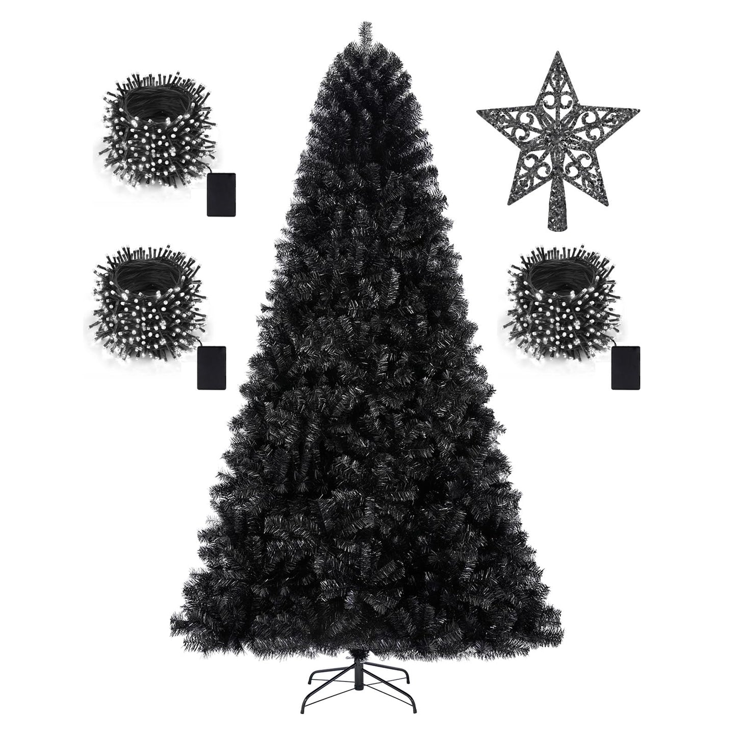 7.5ft Black Christmas Tree Artificial Christmas Tree Halloween Tree Decorations with 1,450 Tips-1pcs Treetop Star 3 Set 300 Led String Lights, Pencil Christmas Tree Indoor Holiday Party Decorations