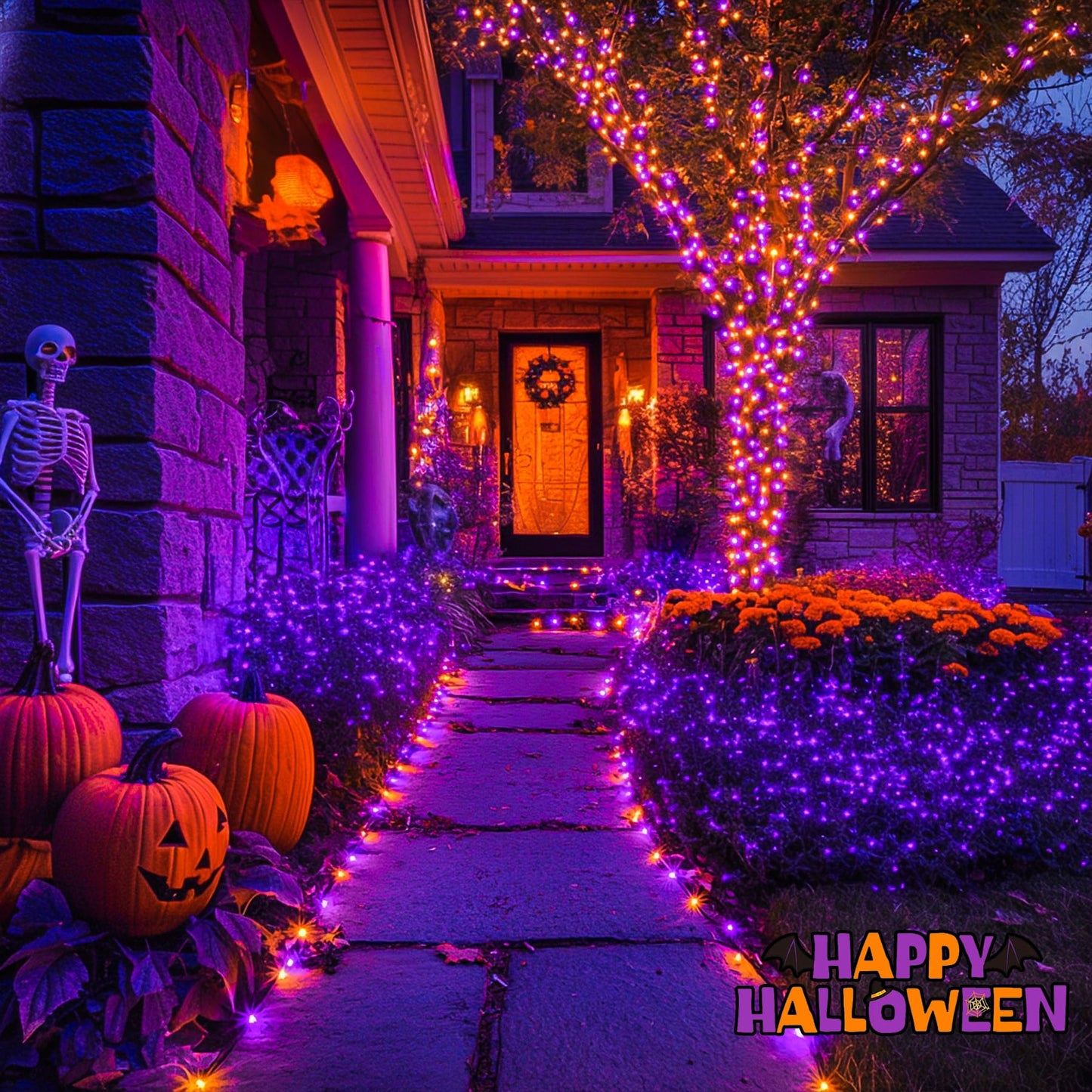 JMEXSUSS 600 LED Orange and Purple Solar Halloween Lights, 206.7ft Solar String Lights Outdoor Waterproof, 8 Modes Halloween Lights for Christmas Tree Patio Yard Garden Halloween Decorations