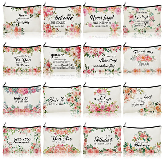 16 Pcs Canvas Cosmetic Bag Bulk Inspirational Quotes Makeup Bags with Zipper Encouragement Travel Toiletry Pouch Appreciation Gift for Christmas Women Girls Teacher Birthday Graduation Gift (Flower)