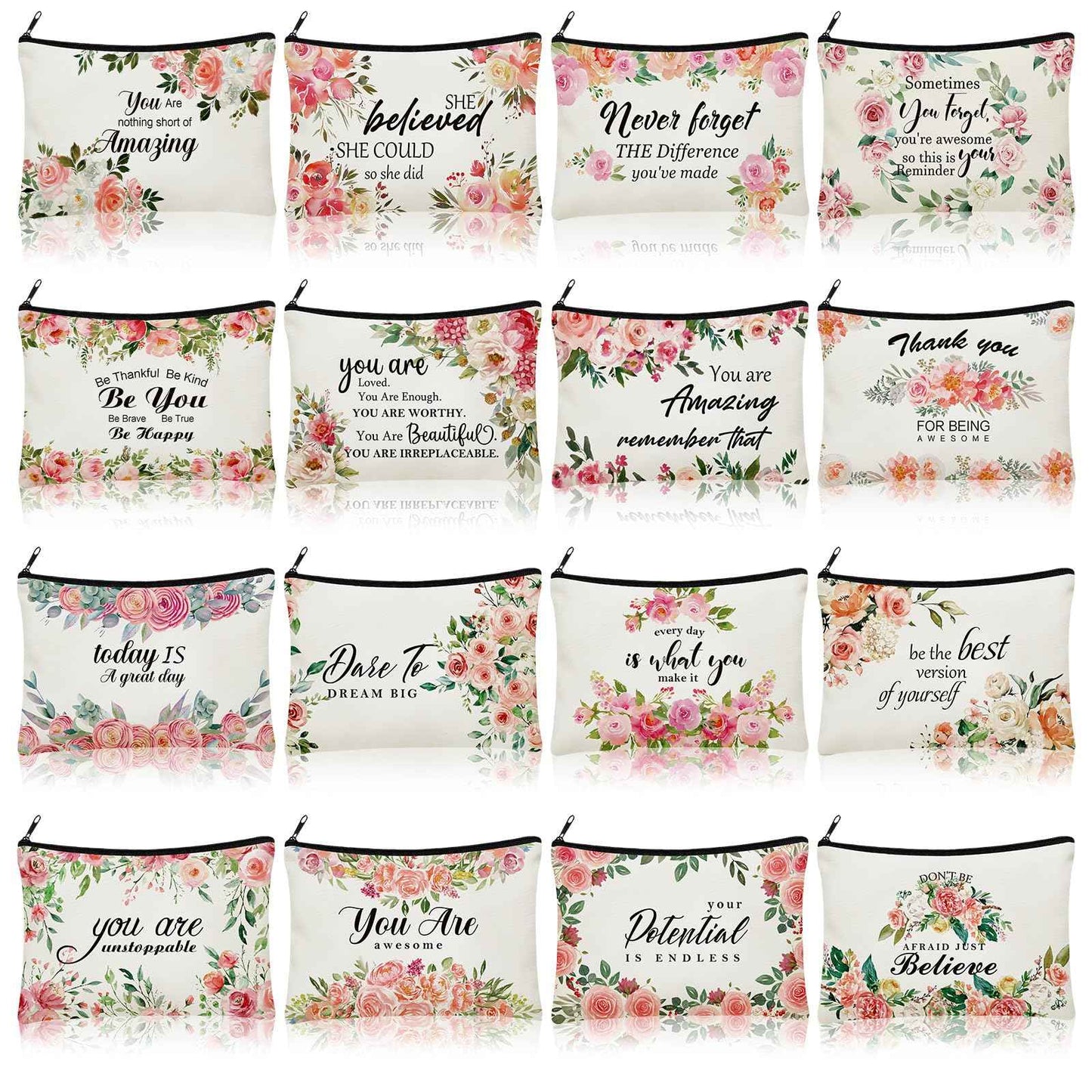 Pinkunn 16 Pcs Inspirational Christian Gifts for Women Religious Makeup Bags Bulk Religious Gifts for Women Inspirational Bible Verse Pencil Pouch Makeup Bags with Zipper for Travel(Flower)