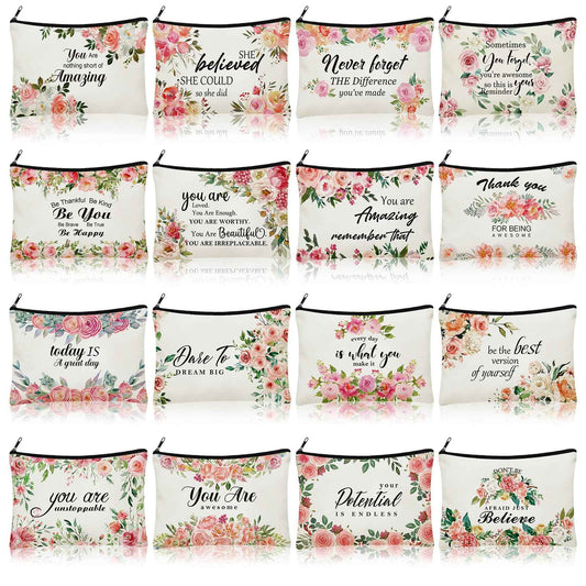 Pinkunn 16 Pcs Inspirational Christian Gifts for Women Religious Makeup Bags Bulk Religious Gifts for Women Inspirational Bible Verse Pencil Pouch Makeup Bags with Zipper for Travel(Flower)