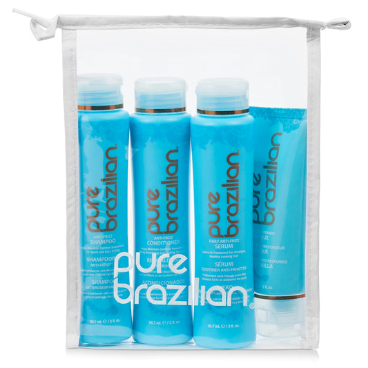 PURE BRAZILIAN - 4 Piece Essential Travel Size Kit: Anti-Frizz Shampoo, Conditioner, Serum & Masque