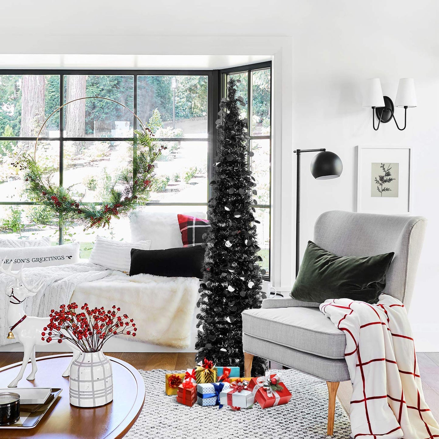 MACTING Halloween Black Tree with Lights, 5ft Pop Up Christmas Tinsel Coastal Glittery Pencil Tree for Home Holiday Party Xmas Decorations