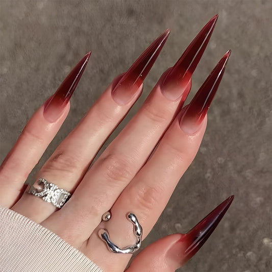 BABALAL Press on Nails Long Stiletto Fake Nails Red Gradient Glue on Nails Goth Acrylic Nails 24Pcs Y2k Almond Manicure Artificial False Nails for Women and Girls