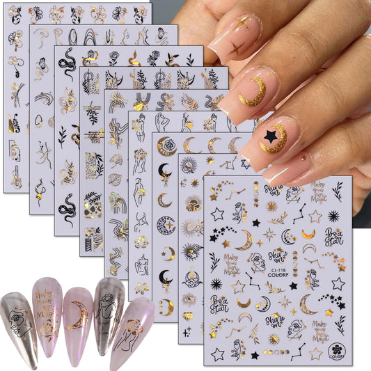 9 Sheets Gold Holographic Laser Nail Art Stickers Decals DIY Resin 3D Self-Adhesive Nail Decals Gold Flowers Leaf Leopard Print Abstract Face Nail Design Supplies for Women Girls Manicure Decorations