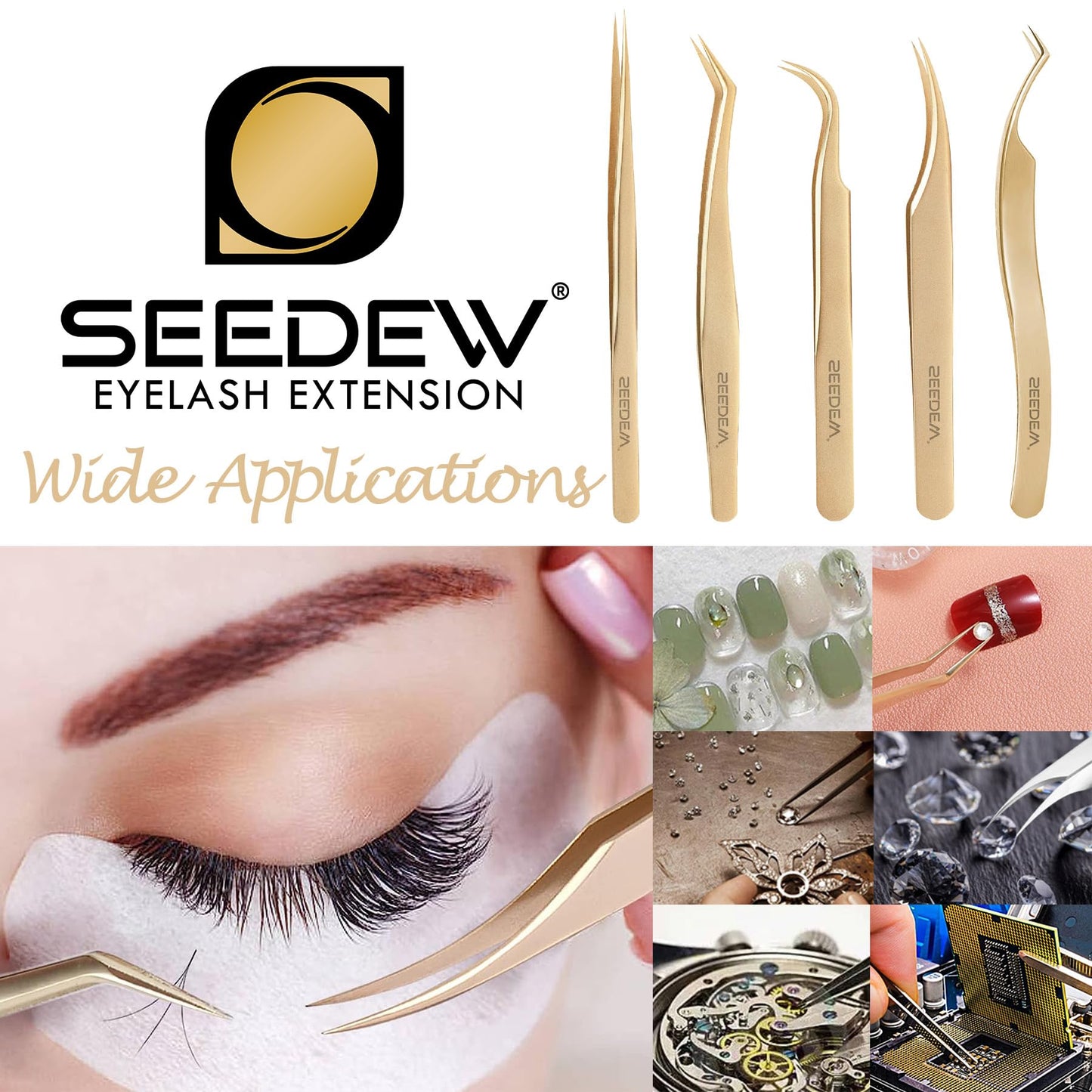 SEEDEW Tweezer Eyelash Extensions 1 PCS Stainless Steel 45 Degree Curved Pointy Tweezer Isolation Professional Precision Supplies Lash Application Tools for Lash Tech, Lash Artist Beginner(Golden)