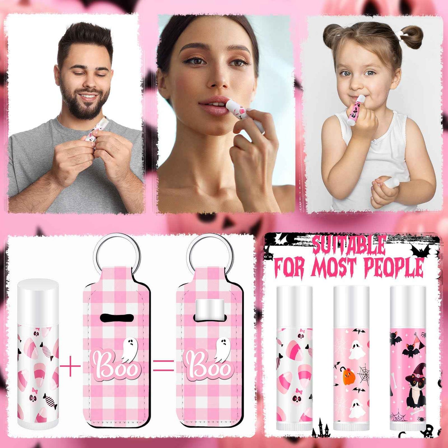 Swiffen 36 Pcs Halloween Lip Balms Gifts Bulk Halloween Party Favors Lip Balm Holder Keychain Spooky Ghost Skull Bat Lipstick Moisturizers for Adults Treat Bags Stuffers Party Supplies(Pink Style)