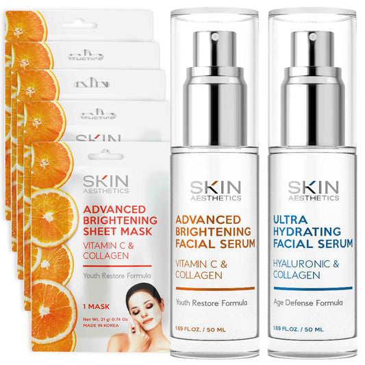 Skin Aesthetics Serum & Face Mask Set, Vitamin C & Collagen & Hyaluronic Acid Value Set - Anti-Aging, Hydrating - Clean Beauty Ingredients, Cruelty-Free Korean Skin Care - Set of 3