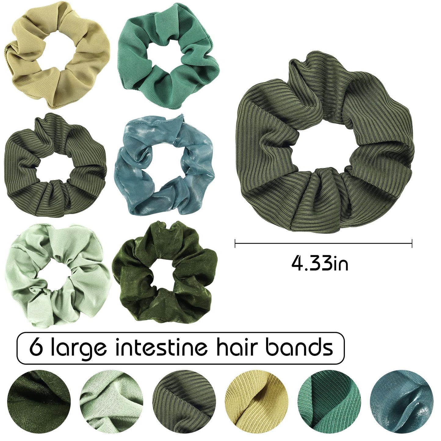 TUCEWP Scrunchies 6PCS Soft Satin Silk Scrunchies for Women's Hair, Ultra Textured Green Hair Ties for Thick Hair, Hair Accessories for Girls, Hair Bands for Workout, 6 Count