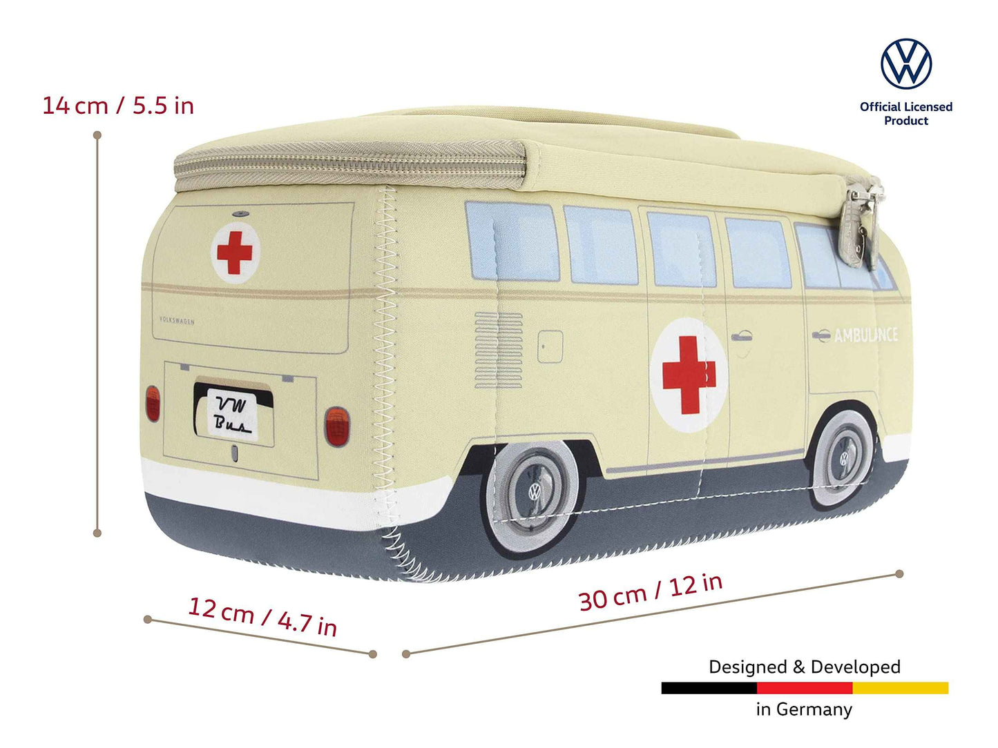 BRISA VW Collection - Volkswagen Neoprene Universal Makeup Cosmetics Toiletry Travel Pharmacy Bag in T1 Bus Design (Ambulance/Beige) (Large (11.8 x 5.5 x 4.7 inches))