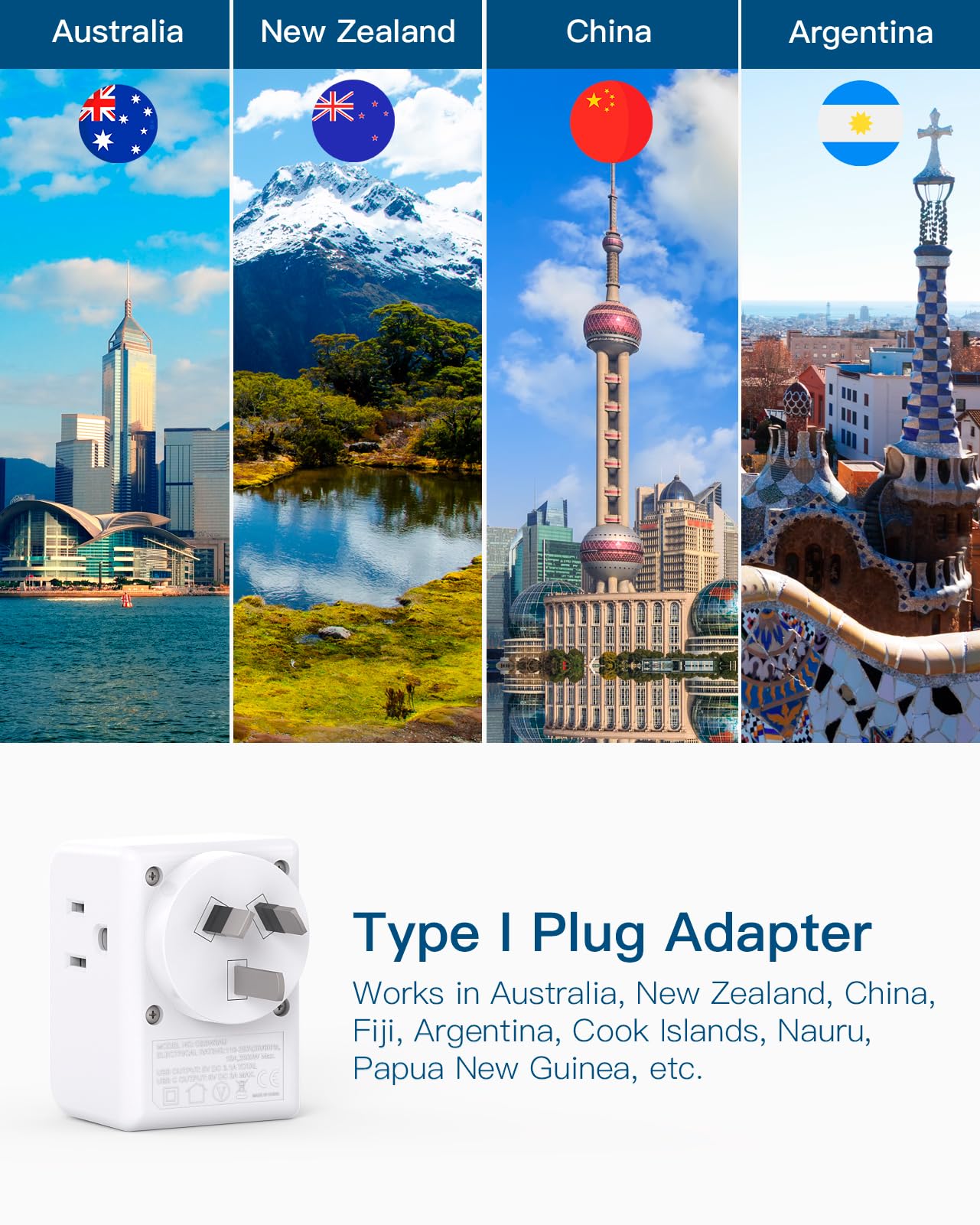 2 Pack Australia New Zealand Power Plug Adapter, Australia Travel Adapter with 3 American Outlets 3 USB Charging Ports (1 USB C), Type I Plug Adapter for US to Australia, Argentina, China