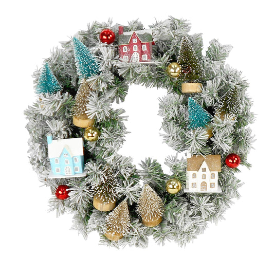 Fraser Hill Farm 24-in. Snowy Christmas Village Wreath with Houses, Trees, and Ornaments, Indoor or Covered Outdoor Hanging Holiday Decoration for Door, Fireplace, Wall