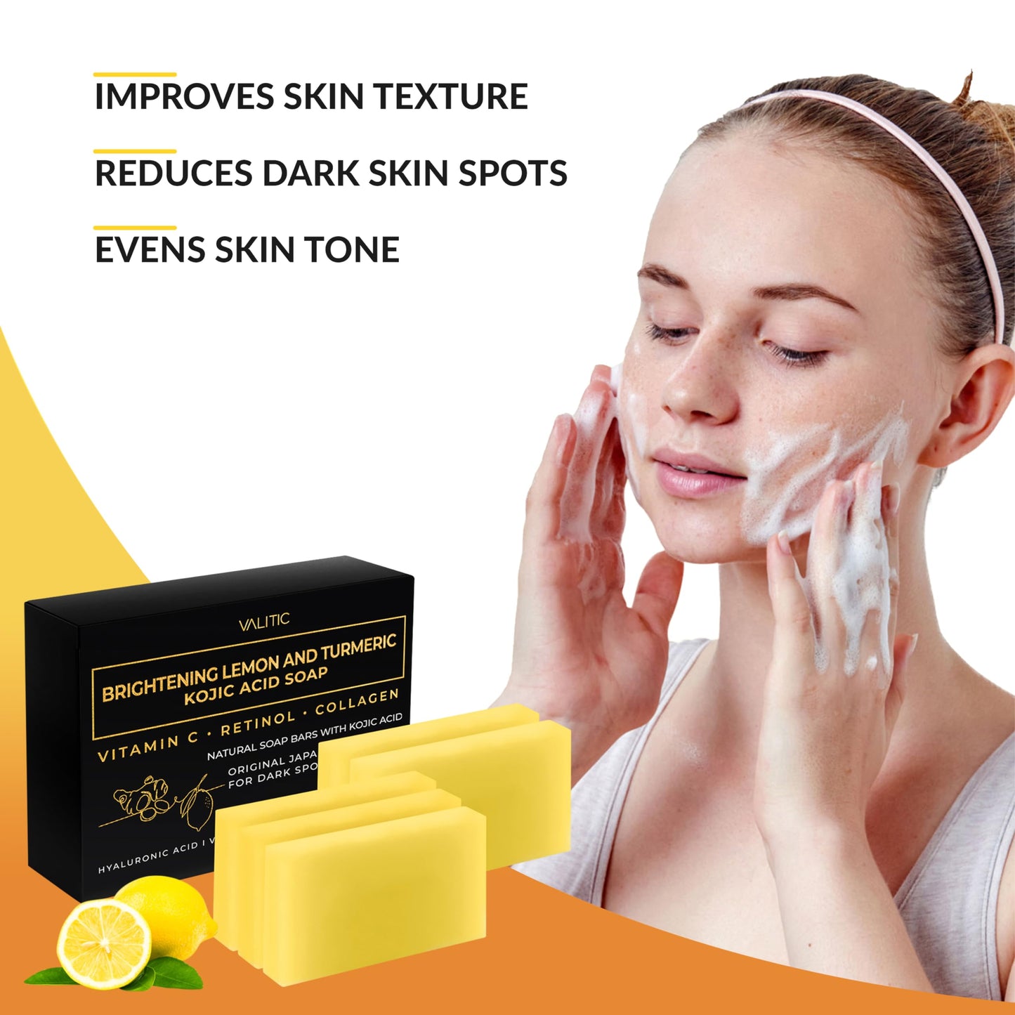 VALITIC Brightening Lemon & Turmeric Kojic Acid Soap with Vitamin C, Retinol, Collagen - Original Japanese Complex Infused with Hyaluronic Acid, Vitamin E, Shea Butter, Castile Olive Oil (5 Pack)