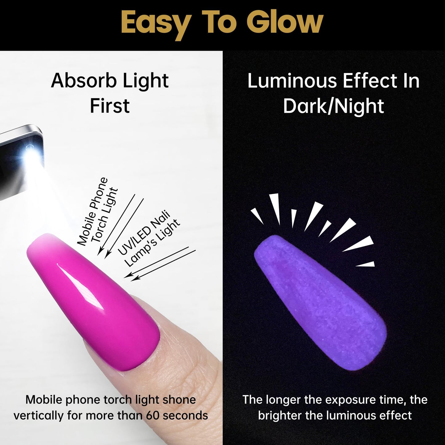 YTD Likomey Glow in the Dark Gel Nail Polish,15ml Hot Pink Color Purple Luminous Glow Effect UV Gel,Fluorescent Manicure Pinkish Purple Salon Home DIY UV Manicure Nail Art Varnish,YG380