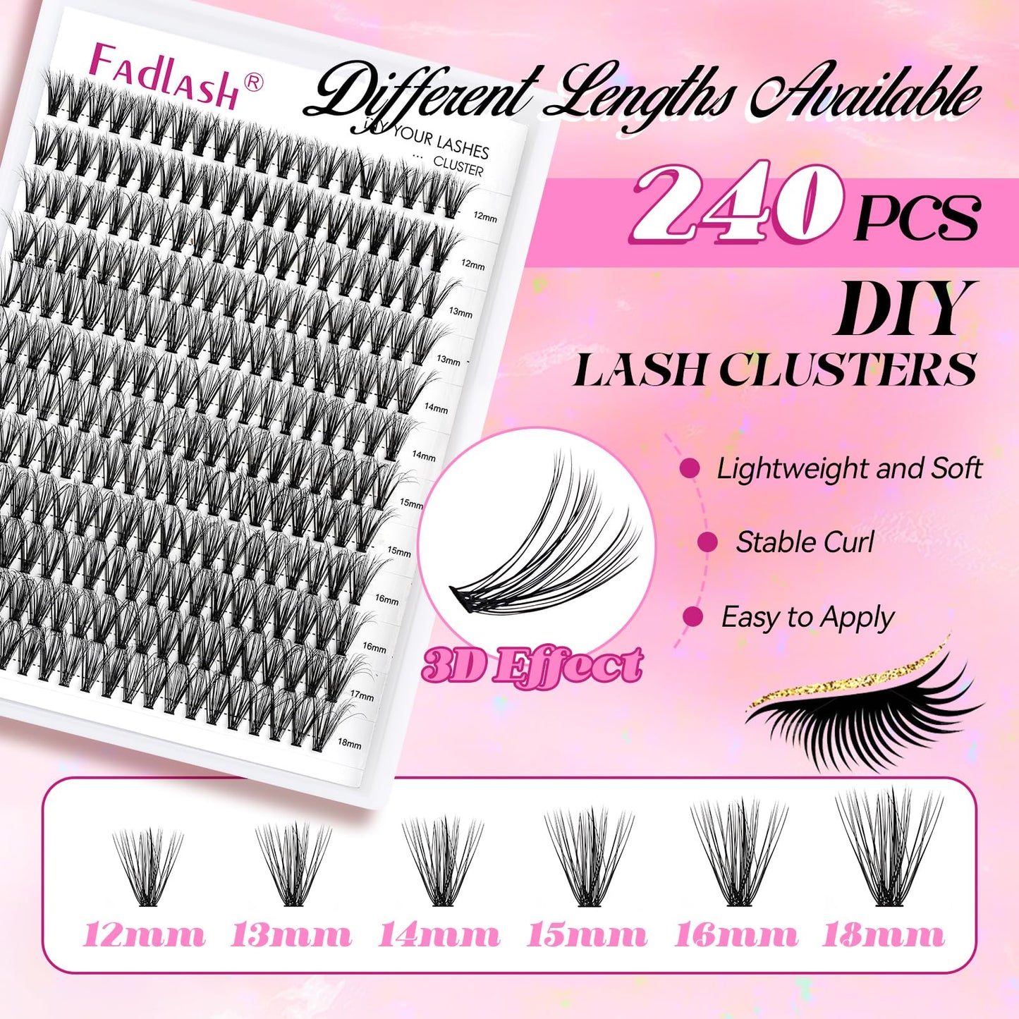 Lash Clusters 240pcs 30D 12-18mm Cluster Lashes Mixed Tray 3D Effect Volume Individual Lashes Cluster Eyelash Extensions Fluffy Soft D Curl DIY Lash Extension Kit at Home (30D-0.07-D,12-18mm)