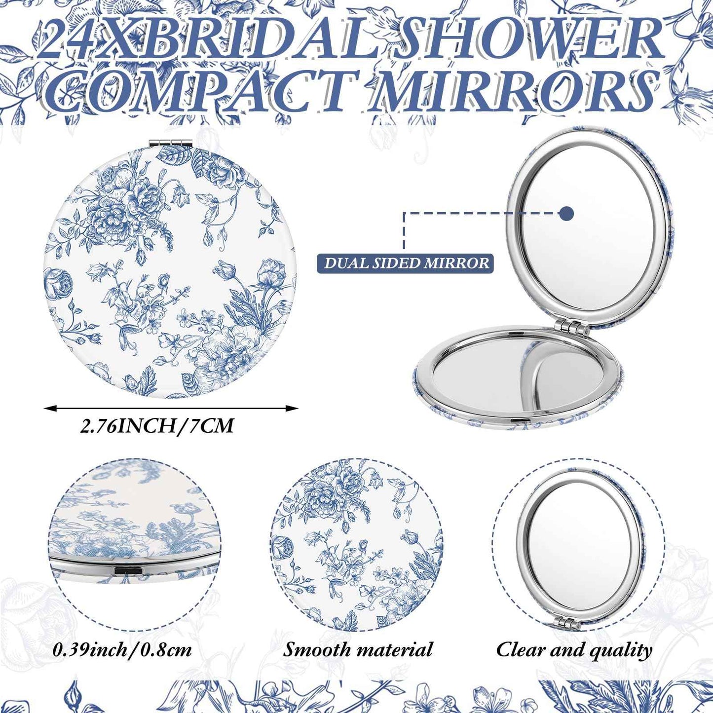 Yalikop 24 Sets Blue Floral Bridal Shower Favors for Guest Flower Folding Leather Compact Makeup Mirror Bulk Thank You Cards with Organza Bags for Bridesmaid Souvenir Gift Wedding Party