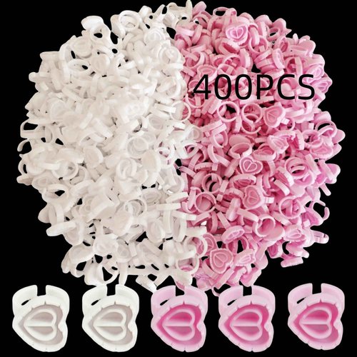 400 PCS Heart Lash Glue Rings for Eyelash Extension,Disposable Adjustable Rings Diameter Lashes Cup Include: 200pcs White and 200pcs Pink Smart Glue Cups use for Eyelash Extension Supplies