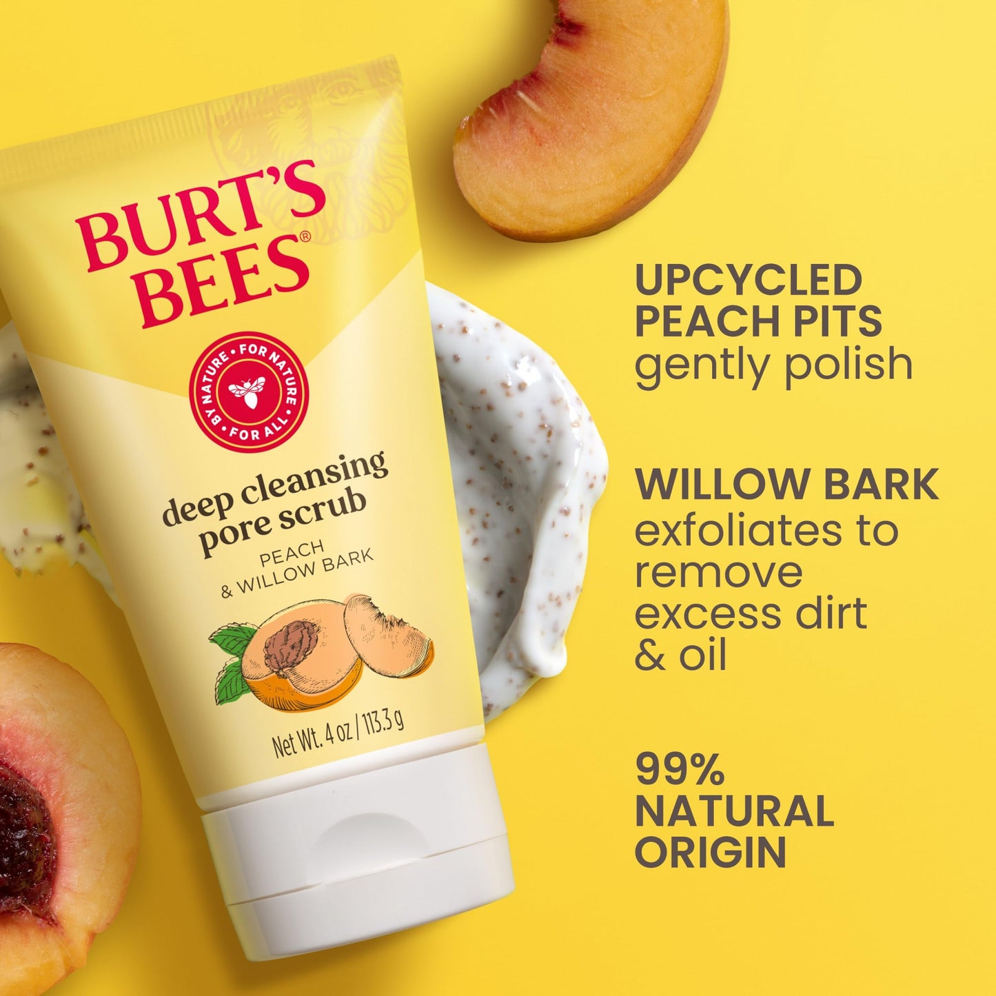 Burt's Bees Deep Cleansing Pore Scrub with Peach and Willow Bark, 4 Ounces, Pack of 3