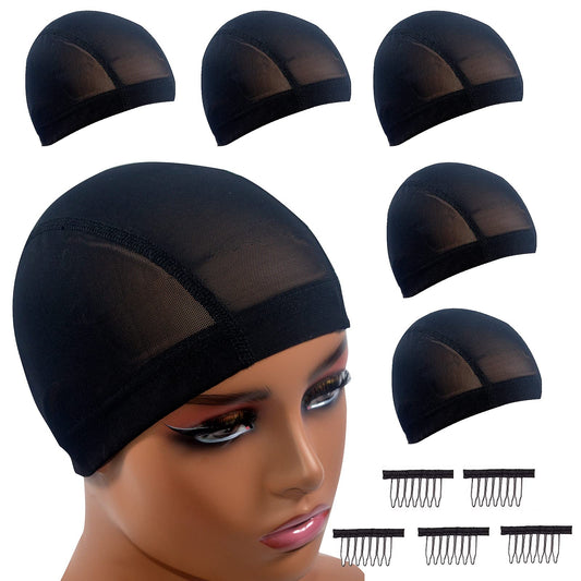 HIGHSHION 5pcs Spandex Mesh Dome Wig Cap for Making Wig, Stretchable Hair net and Elastic Dome Mesh Cap，Dome caps for Men Women Black(5pcs L)