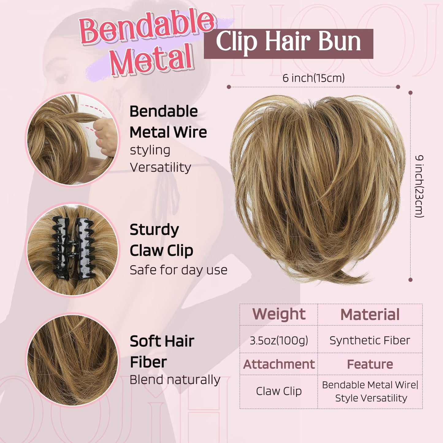 HOOJIH Messy Bun Hair Piece, Claw Clip in Straight Hair Bun 9 Inch Short Ponytail Extension with Bendable Metal Wire Hair Pieces for Women Fake Pony DIY Styles - Medium Brown with Blonde Highlights