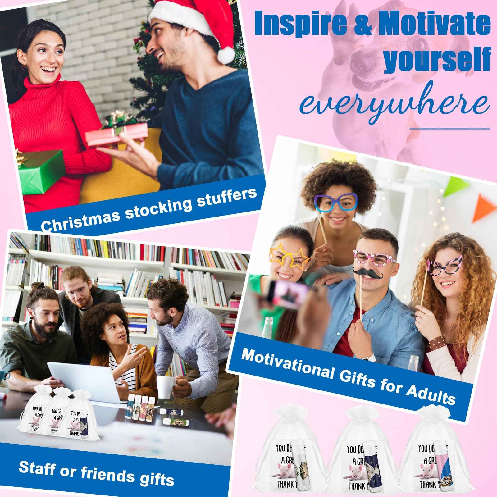 Dansib 40 Sets Employee Appreciation Gifts Bulk for Coworkers Thank You Staff Gift Inspirational Animal Pun Lip Balm Note Cards Organza Bag for Office Pocket Favor Party Team Volunteer Nurse Friend