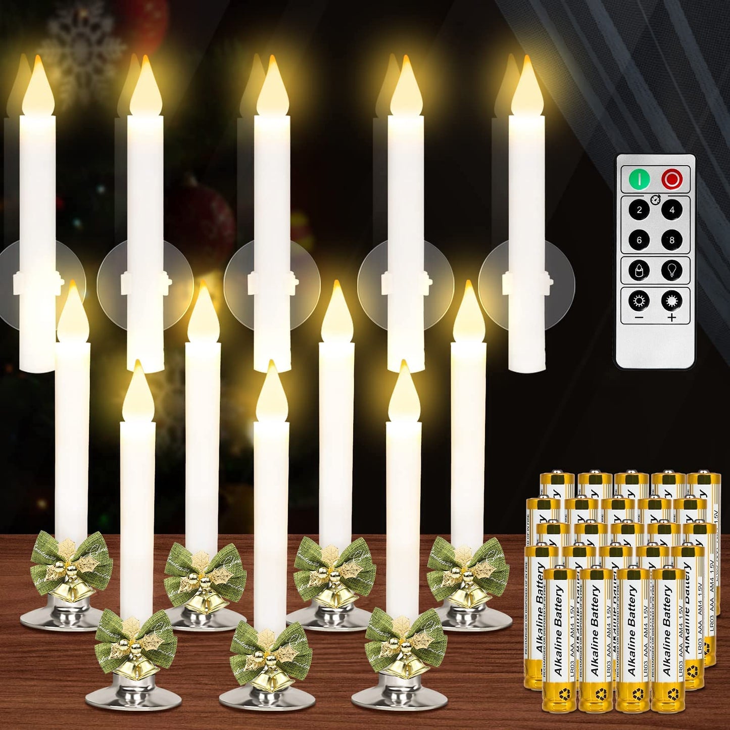 12 Pack Flameless Candles-Window Candles-LED Battery Operated Candles with Timer Remote,Sliver Candlestick, Suction Cups,24 PCS Battery Included,Christmas Bow& Gift Box