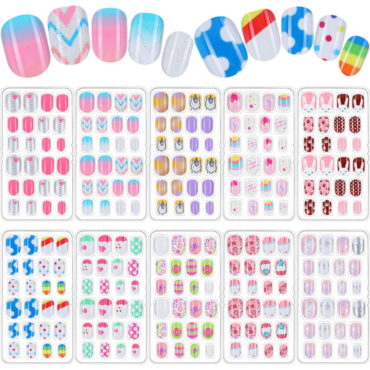 240 Pieces Children False Nails Kids Girls Press on Short Artificial Fake Nails Cute Pre Glue Full Cover Acrylic Nail Tip Kit for Children Little Girls Nail Decoration, 10 Boxes (Unicorn, Rabbit)