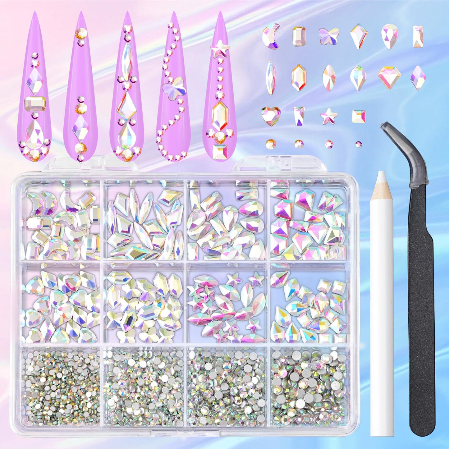 Sikkis Nail Rhinestones 3D Glass AB, 1600pcs Nail Crystal Stone Multi Shape Flatback Gems for Nail Art with Rhinestones Picker and Tweezers for Nail DIY Craft Decoration - Iridescent