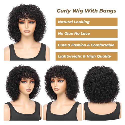 FREESHOW Short Curly Human Hair Wigs Curly Wig With Bangs Human Hair Glueless Curly Bob Wig Human Hair Short Wigs for Black Women 250% Density 10Inch Natural Black