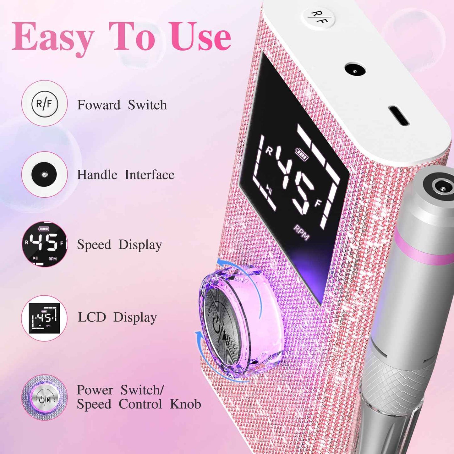 Professional Electric Nail Drill File,45000RPM Portable Machine E File with Bits & Base,Rechargeable Cordless Nail Drill Kit for Shaping,Removing & Polishing Acrylic Nails Gel for Salon Home (Pink)