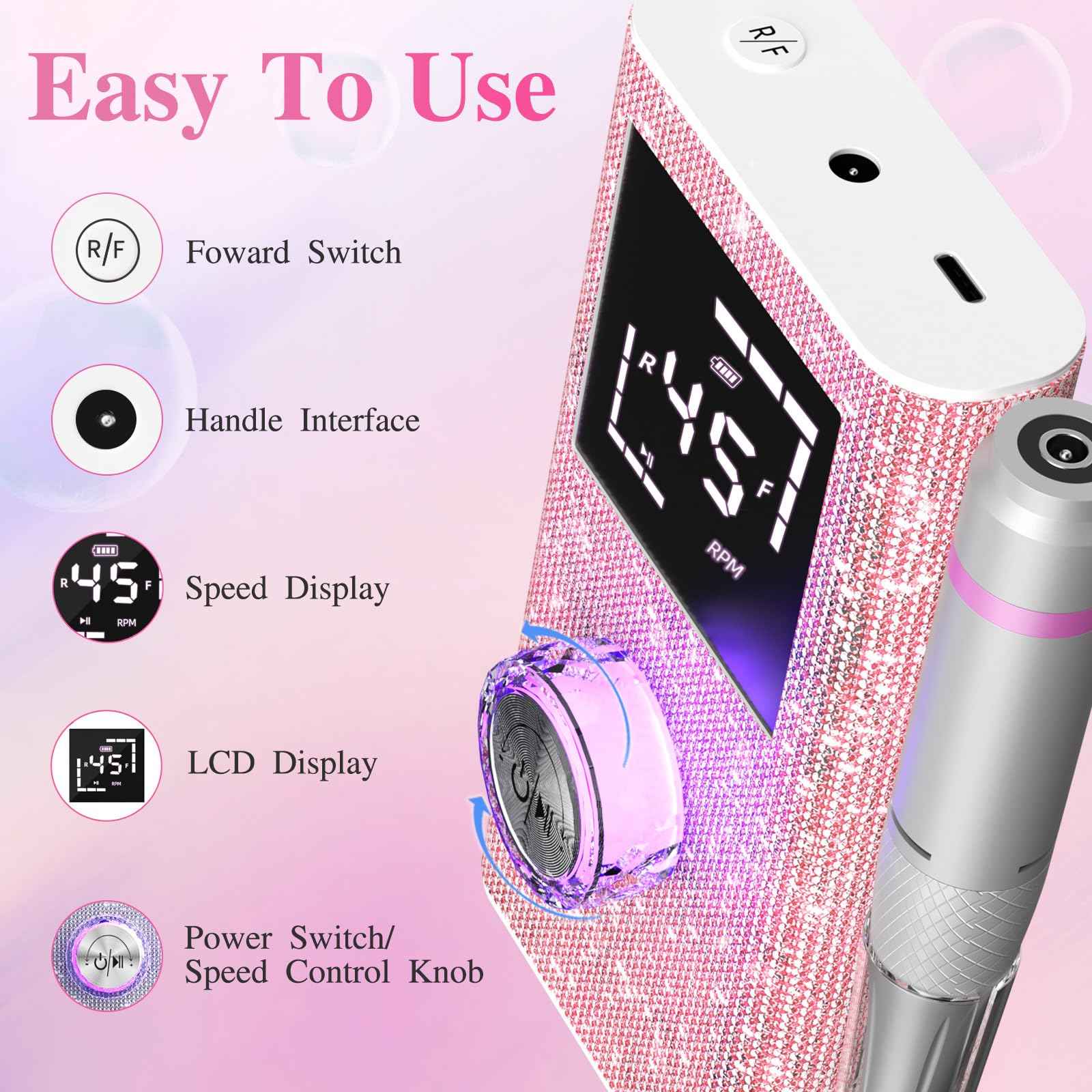 Professional Electric Nail Drill File,45000RPM Portable Machine E File with Bits & Base,Rechargeable Cordless Nail Drill Kit for Shaping,Removing & Polishing Acrylic Nails Gel for Salon Home (Pink)