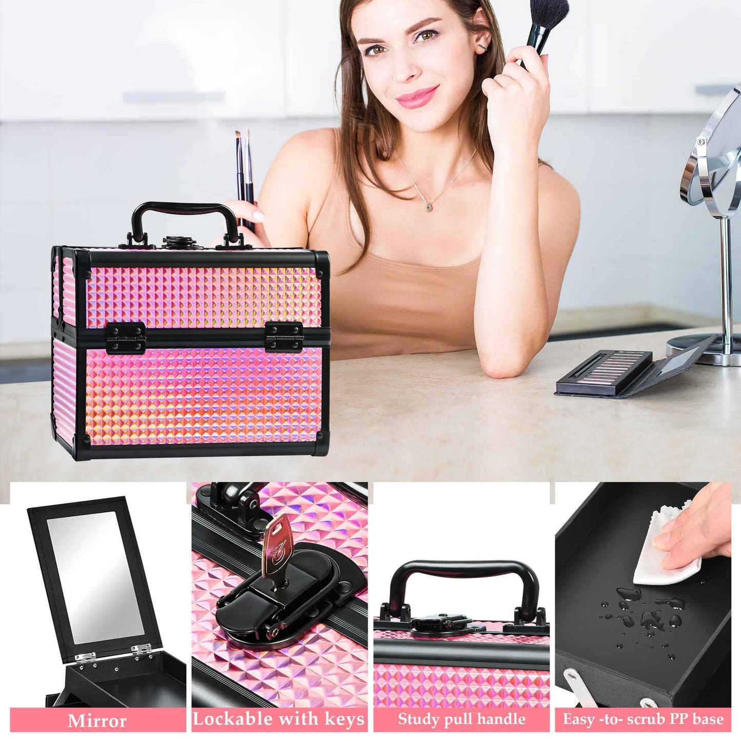 GALHUBIS Makeup Case Organizer,Makeup Train Case, Trays Cosmetic Box Portable, Profesional for Salon Barber,Black Bright Pink