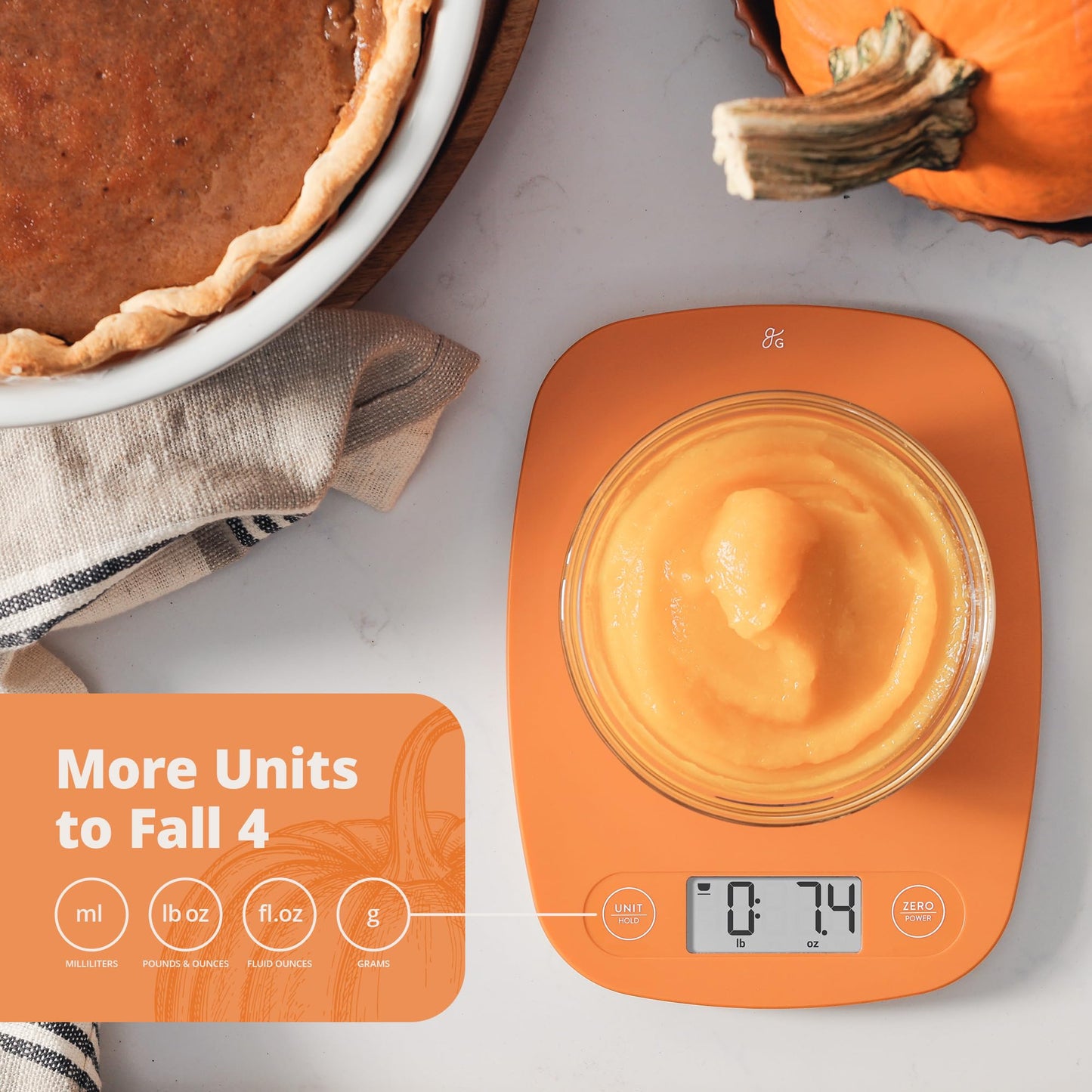 Greater Goods Digital Kitchen Scale - Cooking, Baking, Meal and Food Prep Scale, Weighs in Grams, Pounds and Ounces, Pumpkin Orange