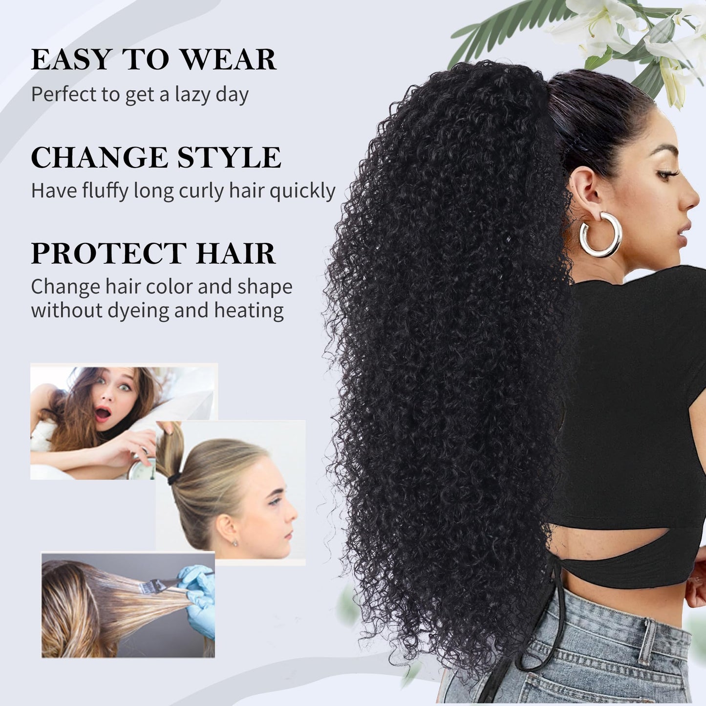 Alebery 27 Inch Drawstring Ponytail Extension for Black Women Deep Curly Ponytail Extension Synthetic Mixed with Human Hair Hairpieces Afro Kinky Curly Pony Tail for Daily Use (Black)