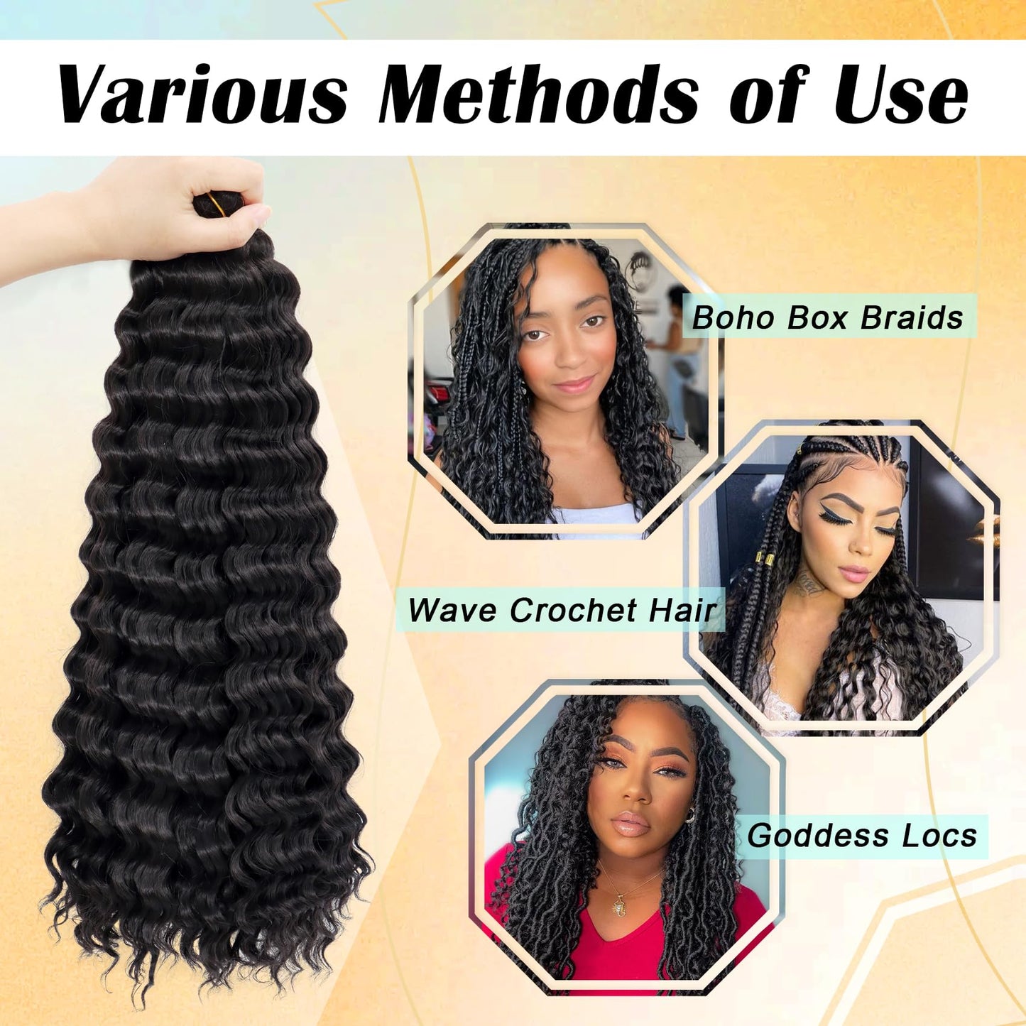 Eerya Long Curly Braiding Hair 18 Inch 2 Packs Ocean Wave Crochet Hair for Black Women Deep Wave Braiding Hair for Boho Braids（18 inch, 1B）