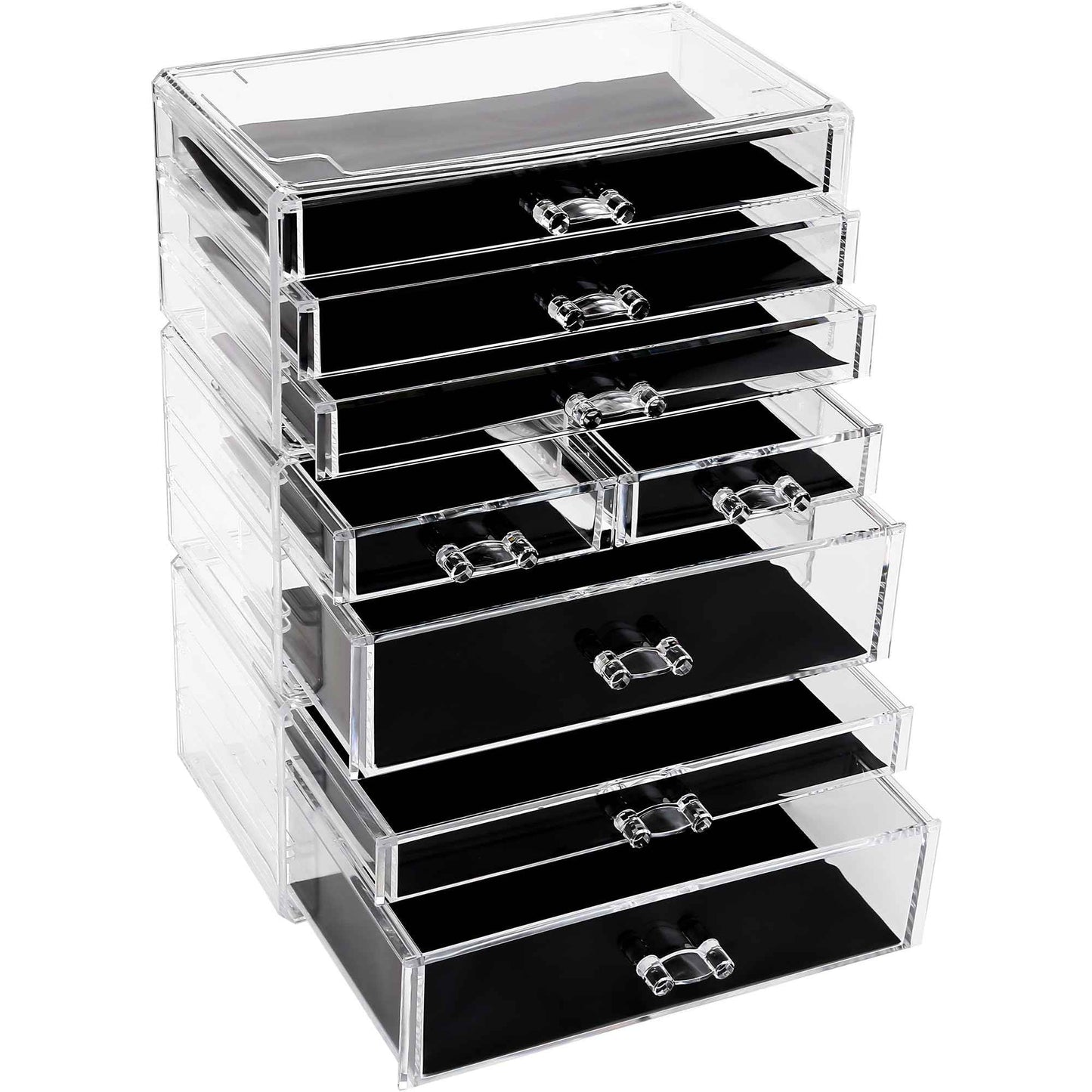Sea Team 3-Tier Stackable Clear Makeup Organizer with Drawers, Acrylic Plastic Cosmetic Display Case, Jewelry Storage Box, Holder for Dresser, Bathroom, Vanity, Countertop (8 Drawers)