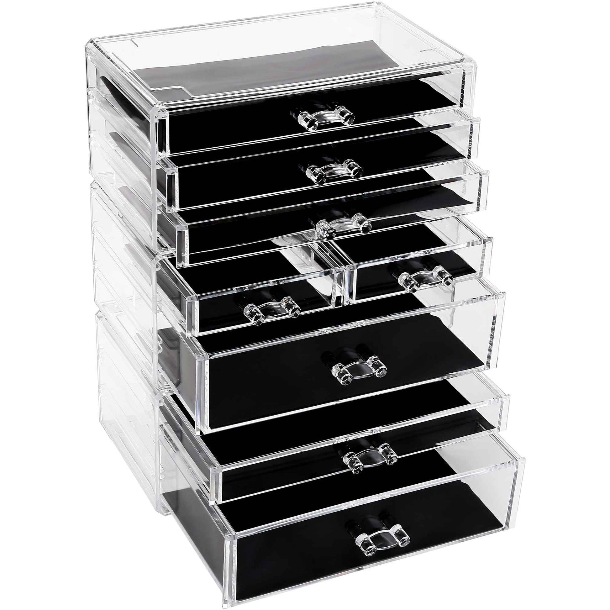 Sea Team 3-Tier Stackable Clear Makeup Organizer with Drawers, Acrylic Plastic Cosmetic Display Case, Jewelry Storage Box, Holder for Dresser, Bathroom, Vanity, Countertop (8 Drawers)