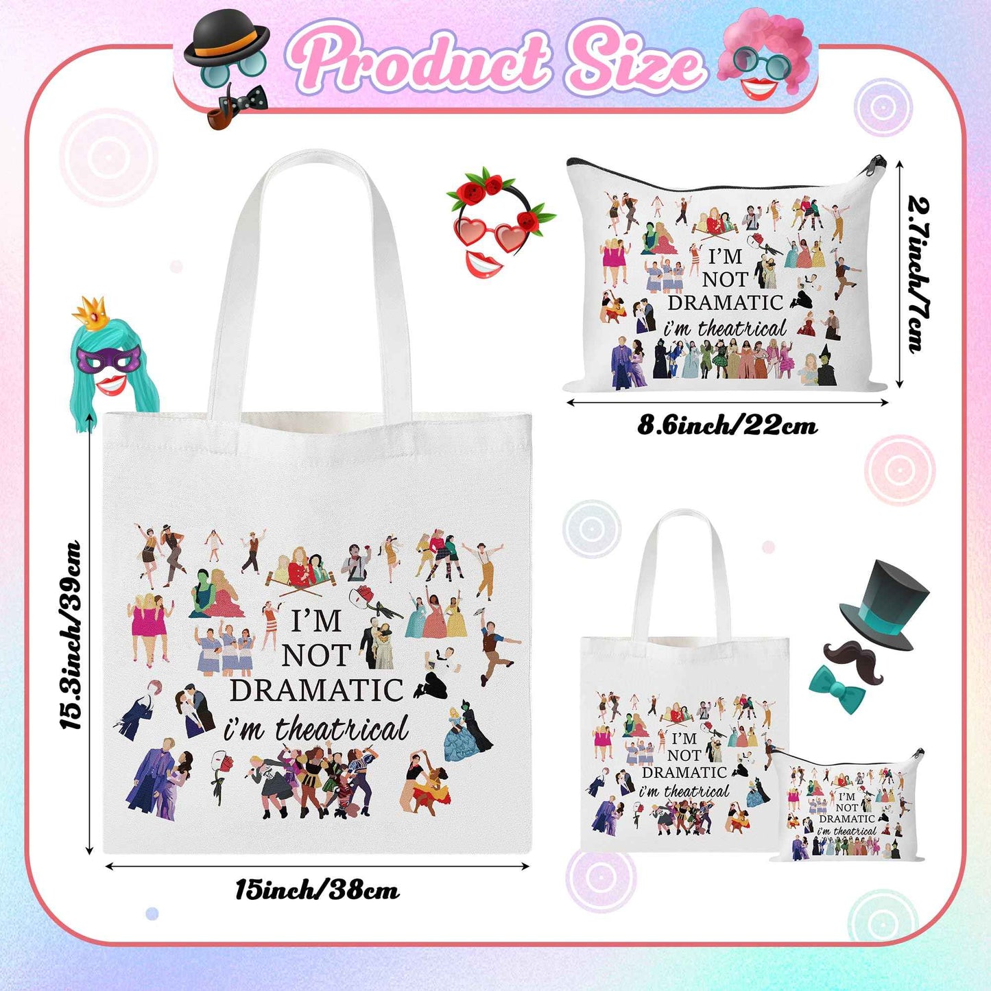 GyovinnJuwanua Broadway Musical Canvas Tote Bag - I’m Not Dramatic I’m Theatrical Gifts Tote Bag and Cosmetic Bag Set, Makeup Zipper Pouch Bag for Women Girls Fans Lovers Gift