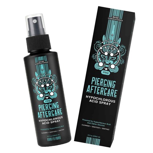 BASE LABORATORIES Piercing Aftercare Hypochlorous Acid Spray PRO - 8 OZ | Saline Solution Piercing Aftercare - Saline Spray for Ear Piercings, Bumps & Keloids | Ear, Nose, Belly - 2PK