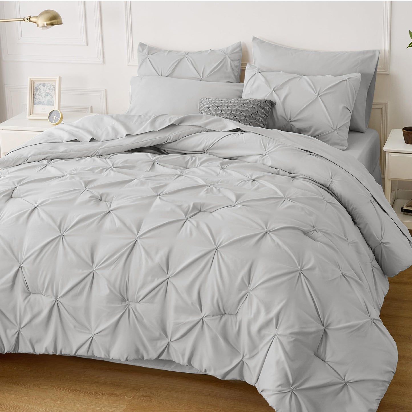 Bedsure Twin Comforter Set with Sheets - 5 Pieces Twin Bedding Sets, Pinch Pleat Light Grey Twin Bed in a Bag with Comforter, Sheets, Pillowcase & Sham