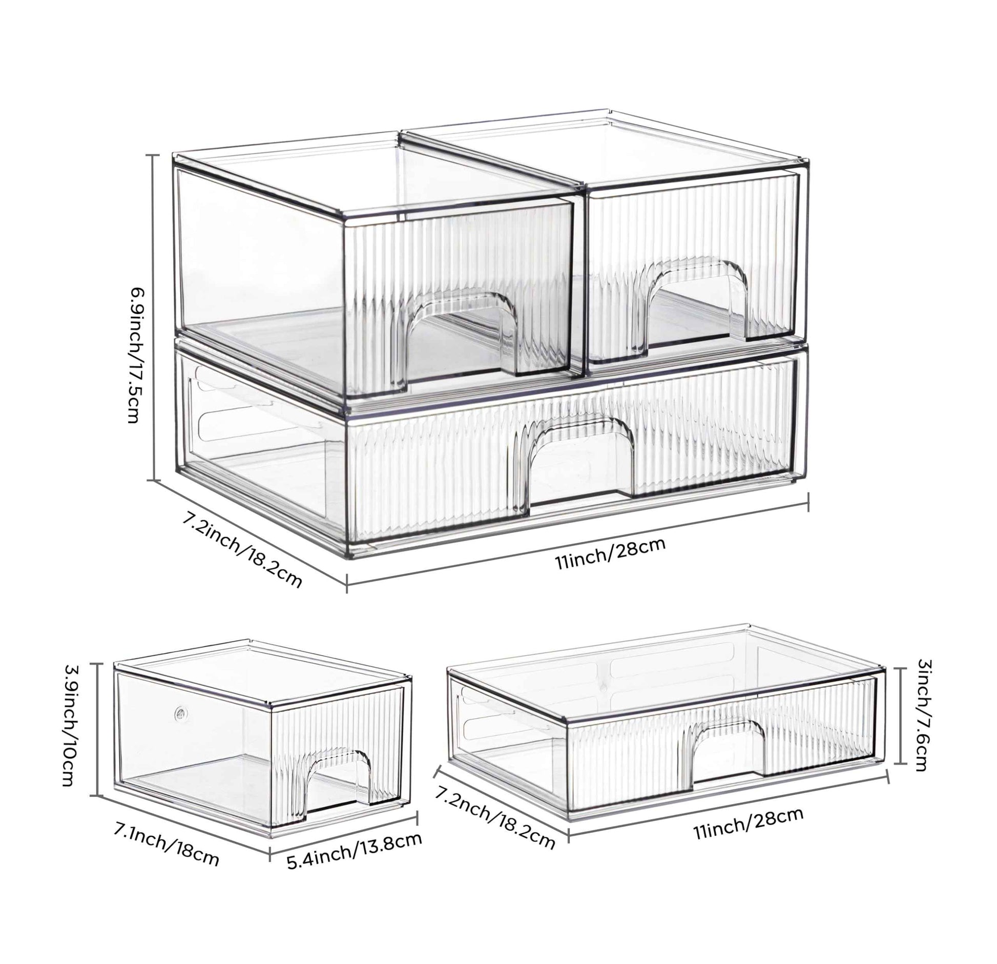 HBlife Stackable Clear Acrylic Storage Drawer Organizer - Set of 3 Makeup and Bathroom Storage Bins - Versatile for Vanity, Undersink, Kitchen, and Office Organization